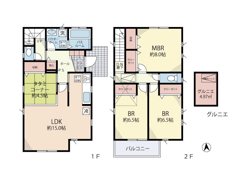 Floor plan. (Building 2), Price 42,800,000 yen, 3LDK, Land area 129.74 sq m , Building area 101.85 sq m