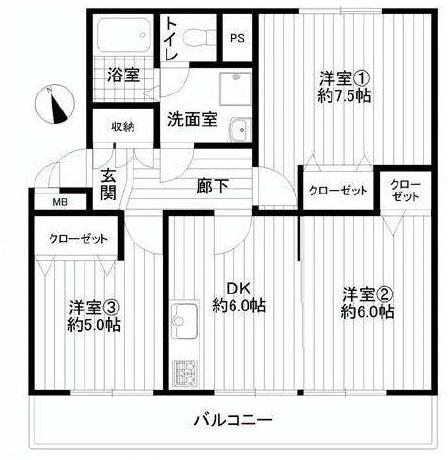 Floor plan. 3DK, Price 16,900,000 yen, Occupied area 57.16 sq m , Balcony area 8.1 sq m