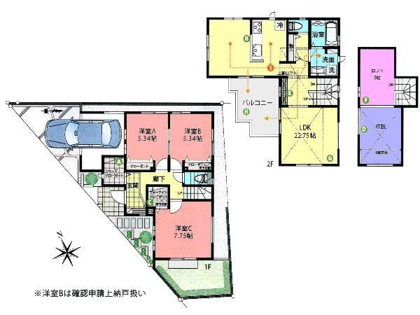 Floor plan. 52,800,000 yen, 2LDK+S, Land area 101.12 sq m , Building area 105.57 sq m shoes closet ・ Walk-in closet ・ Loft, such as a storage space rich. 2 × 4 construction method. Next-generation energy-saving housing. 