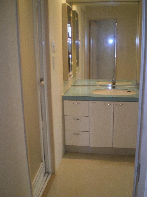 Wash basin, toilet. Separate vanity. Spacious wide type.