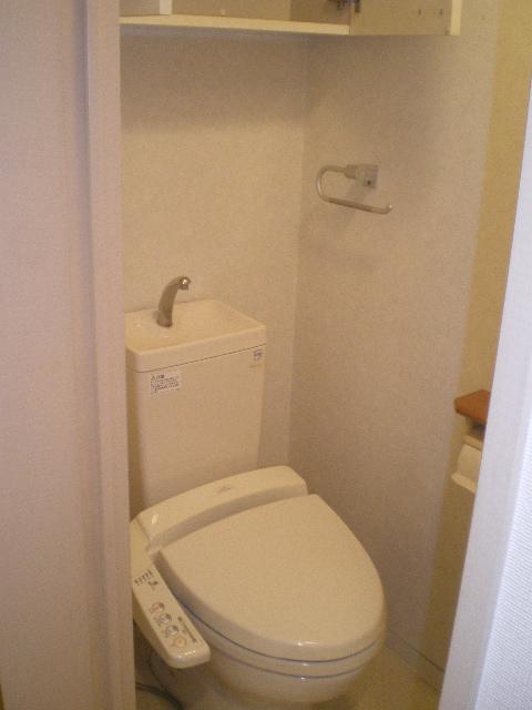 Toilet. It is with a bidet. Convenient storage there is a shelf in the upper.