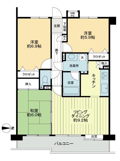 Floor plan. 3LDK, Price 26,800,000 yen, Occupied area 68.15 sq m , Balcony area 9.52 sq m