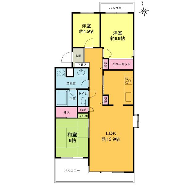 Floor plan. 3LDK, Price 21,800,000 yen, Occupied area 72.78 sq m , Balcony area 10.74 sq m Floor 3LDK