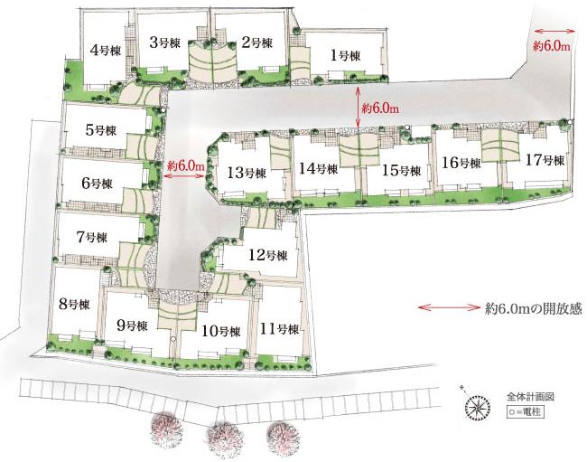 The entire compartment Figure. Laying the development road of no pass through is about 6m. Creating a relaxed sense of openness and privacy. Person is derived as majestic river flow, Meeting, Aiming to be born community, Adopt the design and materials to recall the riverbed of the Tama River (the entire section view)