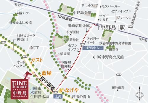 Local guide map. From JR Nambu Line "Nakano Island" station, A 13-minute walk in a comfortable flat approach! (Local guide map)