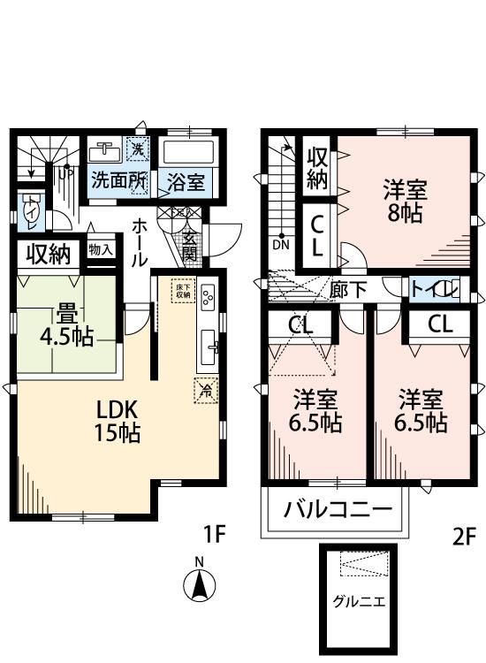 Floor plan. (Building 2), Price 42,800,000 yen, 4LDK, Land area 129.74 sq m , Building area 101.85 sq m