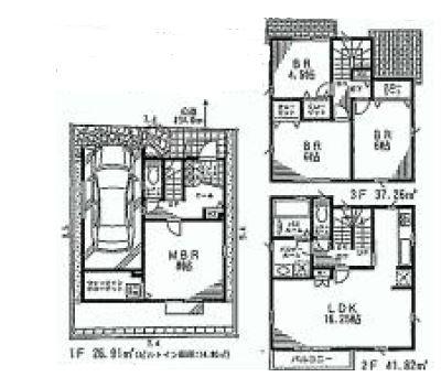Floor plan. (3 Building), Price 47,800,000 yen, 4LDK, Land area 70.11 sq m , Building area 105.98 sq m
