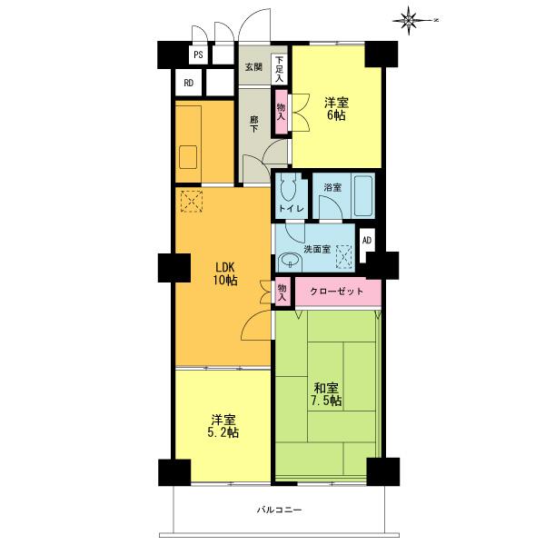 Floor plan. 3LDK, Price 19,800,000 yen, Footprint 66 sq m , Balcony area 7.42 sq m footprint: 66.00 sq m (center line of wall) Balcony area: 7.42 sq m