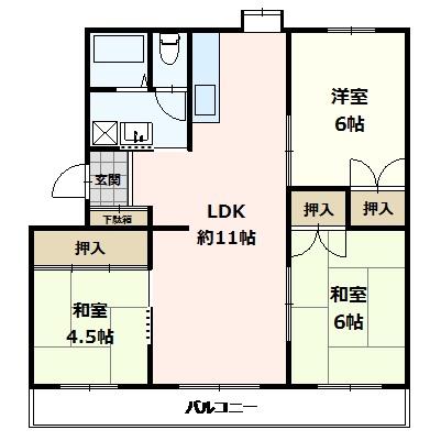 Floor plan. 3LDK, Price 16.3 million yen, Occupied area 62.03 sq m , Balcony area 9.56 sq m