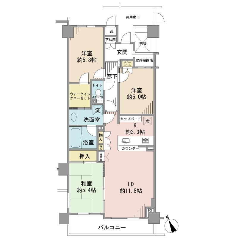 Floor plan. 3LDK, Price 29,800,000 yen, Occupied area 73.11 sq m , Balcony area 7.77 sq m