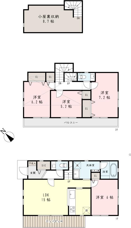 Other building plan example. Fixed stairs with loft + 4LDK plan! Zenshitsuminami direction, I mean, the wood deck, It will be family only cafe!