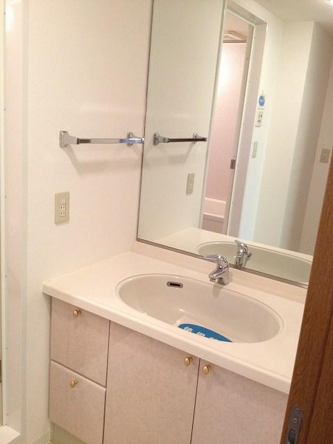 Wash basin, toilet. Vanity of a large mirror.