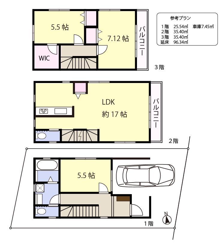 Building plan example (floor plan). Building plan example Building price 2280 Ten thousand yen, Building area 96.34  sq m  Garage 7.45  sq m