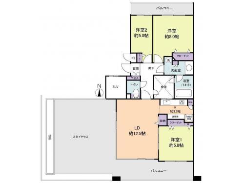 Floor plan. 3LDK, Price 42 million yen, Occupied area 75.93 sq m , Large Sky Terrace of balcony area 19.81 sq m 36.71 sq m ・ Ventilation is good with double-sided balcony.