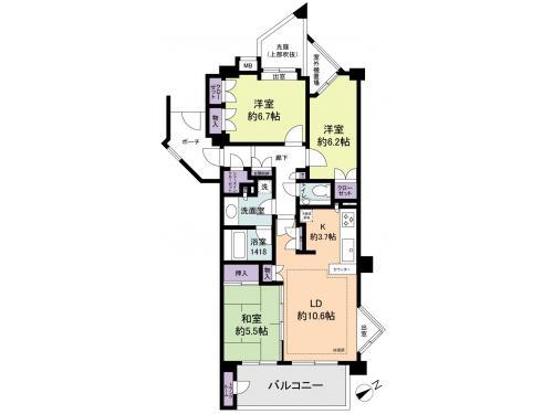 Floor plan. 3LDK, Price 25,700,000 yen, Occupied area 77.59 sq m , Storage rich 3LDK such as balcony area 9.9 sq m shoes closet and trunk room