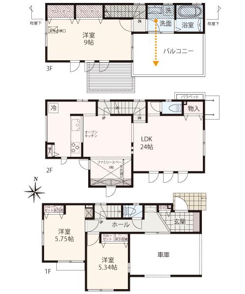 Floor plan. 37,800,000 yen, 3LDK, Land area 84.33 sq m , Building area 105.98 sq m   [3LDK + family space + wide roof balcony + built-in garage]