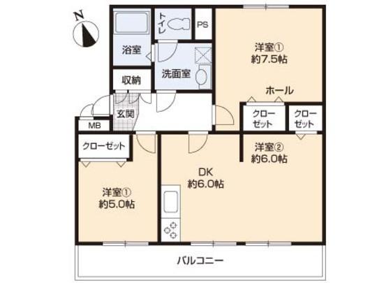 Floor plan. 3DK, Price 16,900,000 yen, Occupied area 57.16 sq m , Balcony area 8.1 sq m floor plan