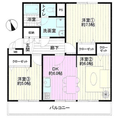Floor plan. 3DK, Price 16,900,000 yen, Occupied area 57.16 sq m , Balcony area 8.1 sq m easy-to-use floor plan!