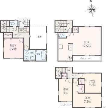 Floor plan. (5 Building), Price 43,800,000 yen, 3LDK+S, Land area 71.48 sq m , Building area 107.03 sq m