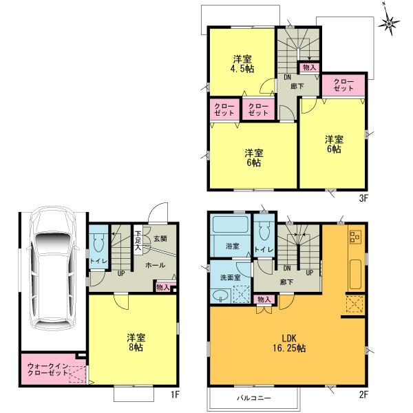 Floor plan. (3 Building), Price 47,800,000 yen, 4LDK, Land area 70.11 sq m , Building area 105.99 sq m