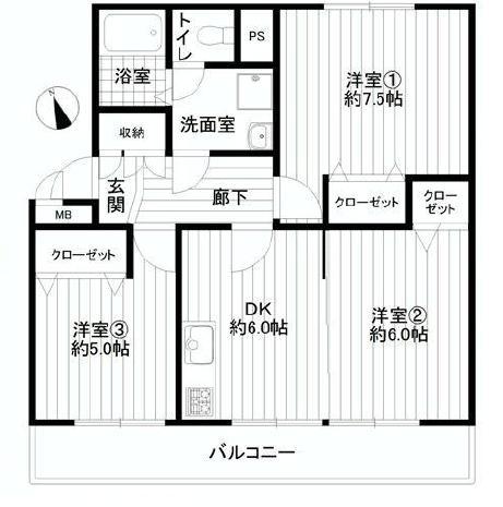 Floor plan. 3DK, Price 17,900,000 yen, Occupied area 57.16 sq m , Balcony area 8.1 sq m floor plan