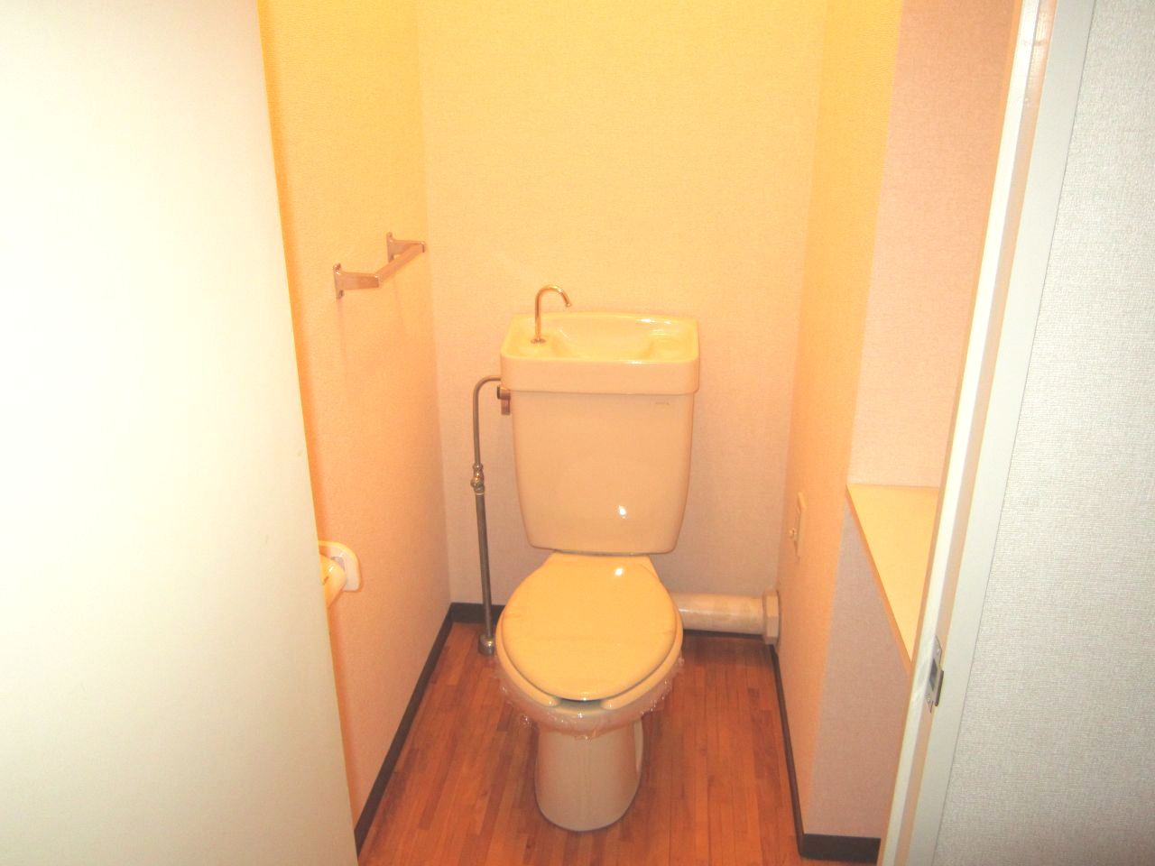 Toilet. There is also a small shelf.
