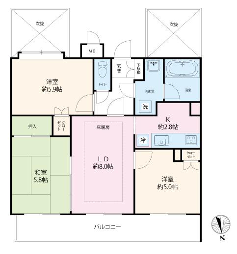 Floor plan. 3LDK, Price 22,300,000 yen, Occupied area 61.56 sq m , Balcony area 10.08 sq m