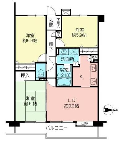 Floor plan. 3LDK, Price 26,800,000 yen, Occupied area 68.15 sq m , Balcony area 9.52 sq m