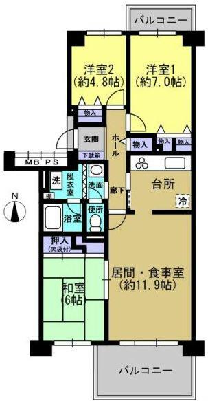 Floor plan. 3LDK, Price 24,800,000 yen, Occupied area 74.14 sq m , Balcony area 11.1 sq m