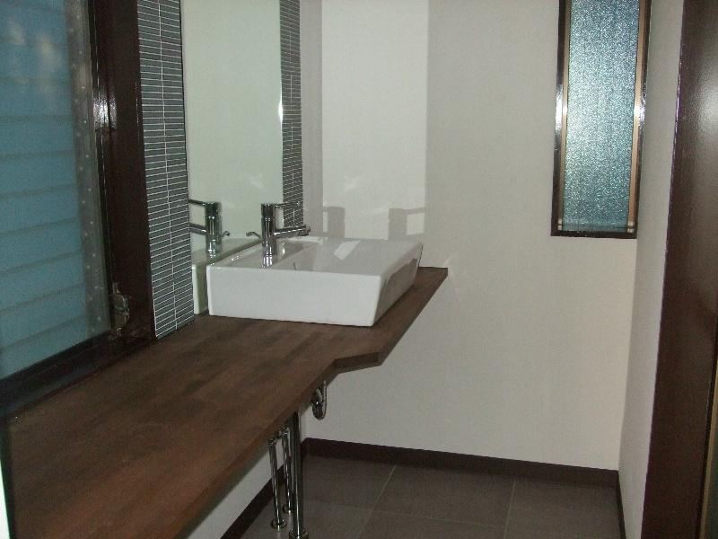 Wash basin, toilet. Wash room is a picture. 