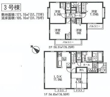 Floor plan. (3 Building), Price 19,800,000 yen, 5LDK, Land area 171.15 sq m , Building area 105.16 sq m