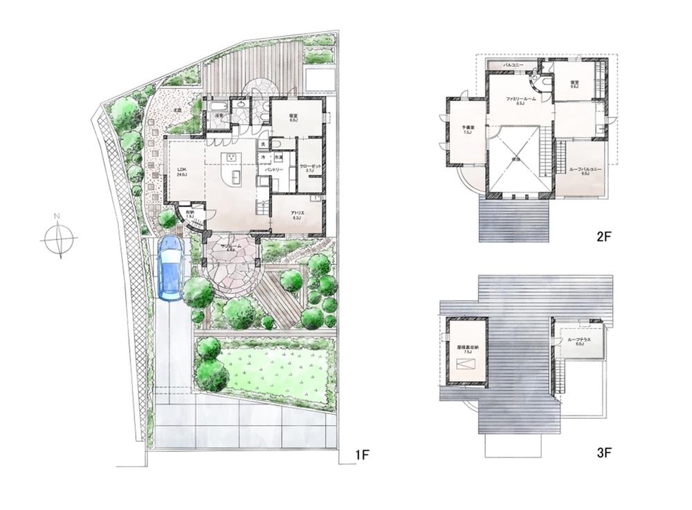 Floor plan. 98 million yen, 4LDK + S (storeroom), Land area 394.81 sq m , Building area 151.42 sq m 3F part is the roof terrace. 