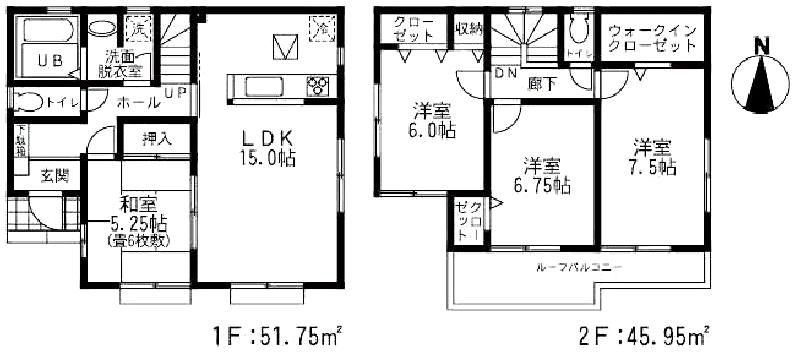 Floor plan. (6 Building), Price 21,800,000 yen, 4LDK, Land area 120.53 sq m , Building area 97.7 sq m