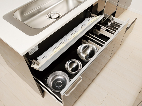 Kitchen.  [Drawer type of kitchen storage] Cookware, such as frying pan or pot, as well, Tableware such as glasses and dishes, Spices up class. For arranging beautiful kitchen, It offers a rich and functional storage space.