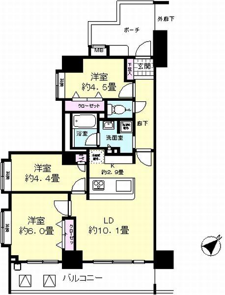 Floor plan. 3LDK, Price 19,800,000 yen, Occupied area 59.22 sq m , Balcony area 10.95 sq m
