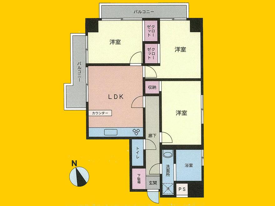 Floor plan. 3LDK, Price 19,800,000 yen, Occupied area 57.68 sq m , Balcony area 9.19 sq m
