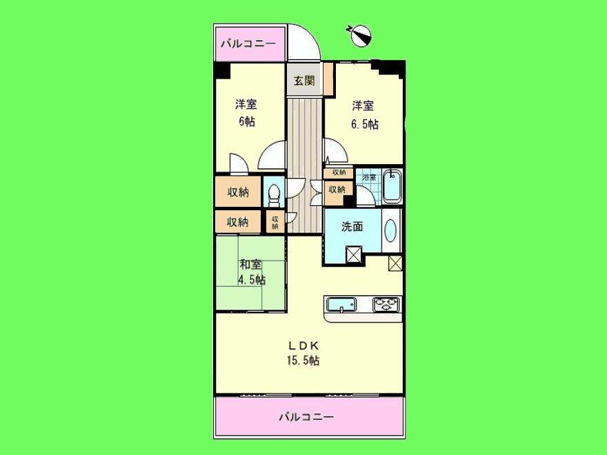 Floor plan. 3LDK, Price 21 million yen, Occupied area 66.59 sq m , Balcony area 16.38 sq m with a floor heating ・ 15.5 Pledge of livin dining