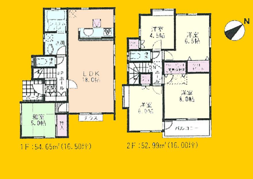 Building plan example (floor plan). Building plan example (6 compartment) 5LDK, Land price 21,800,000 yen, Land area 120.1 sq m , Building price 34,800,000 yen, Building area 107.64 sq m