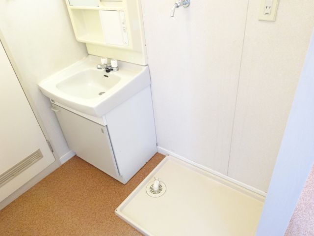 Washroom. Independent wash basin and washing machine inside the room.
