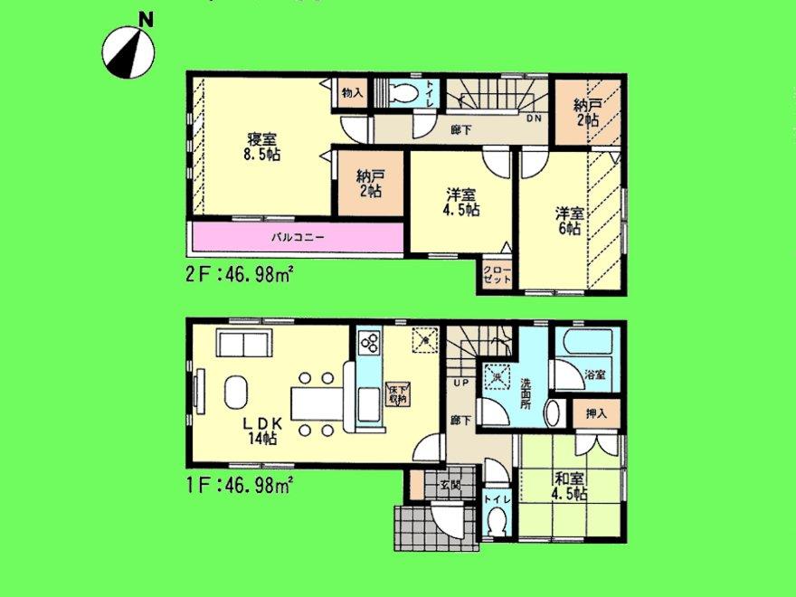 Floor plan. 35,800,000 yen, 4LDK + 2S (storeroom), Land area 147.43 sq m , Building area 93.96 sq m