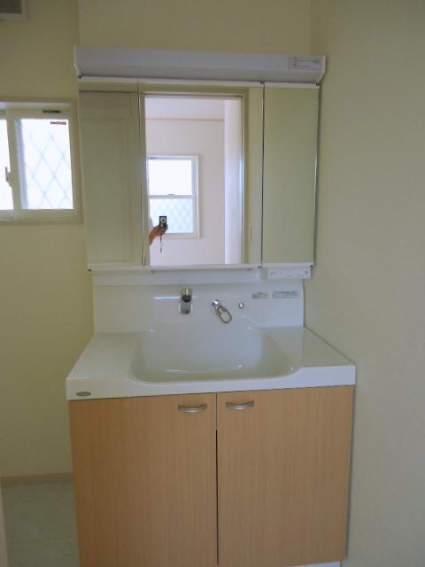 Wash basin, toilet. Vanity with a three-sided mirror.