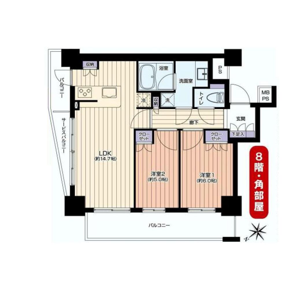 Floor plan. 2LDK, Price 30,800,000 yen, Occupied area 60.14 sq m , Balcony area 13.07 sq m