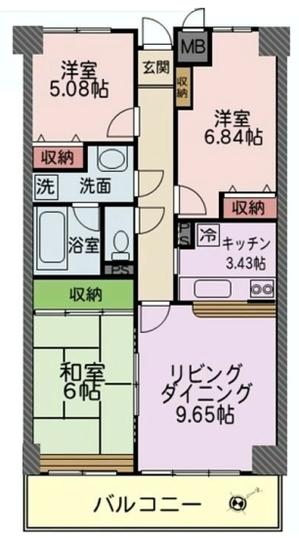 Floor plan. 3LDK, Price 12.8 million yen, Occupied area 73.05 sq m , Balcony area 9.34 sq m