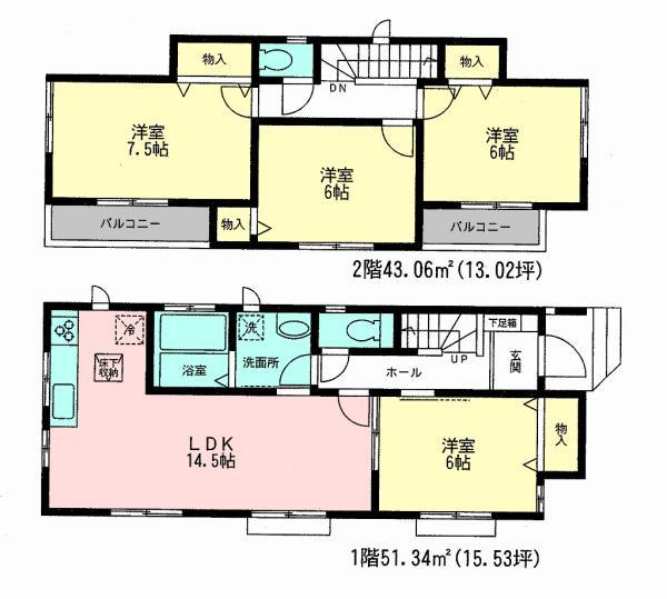 Floor plan. 28.8 million yen, 4LDK, Land area 115.27 sq m , Building area 94.4 sq m