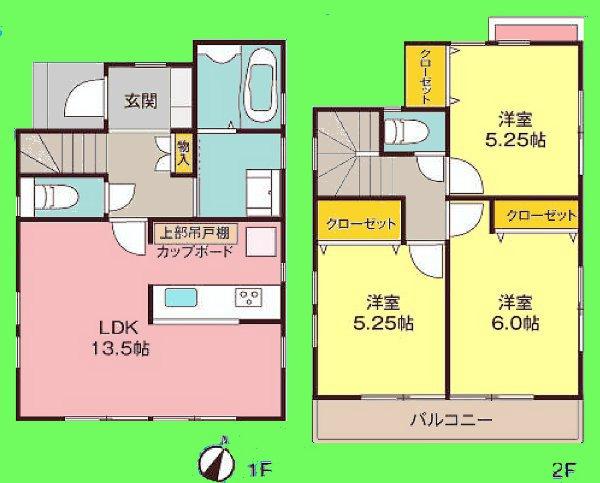 Floor plan. 26,800,000 yen, 3LDK, Land area 76.07 sq m , Building area 75.35 sq m cupboard with