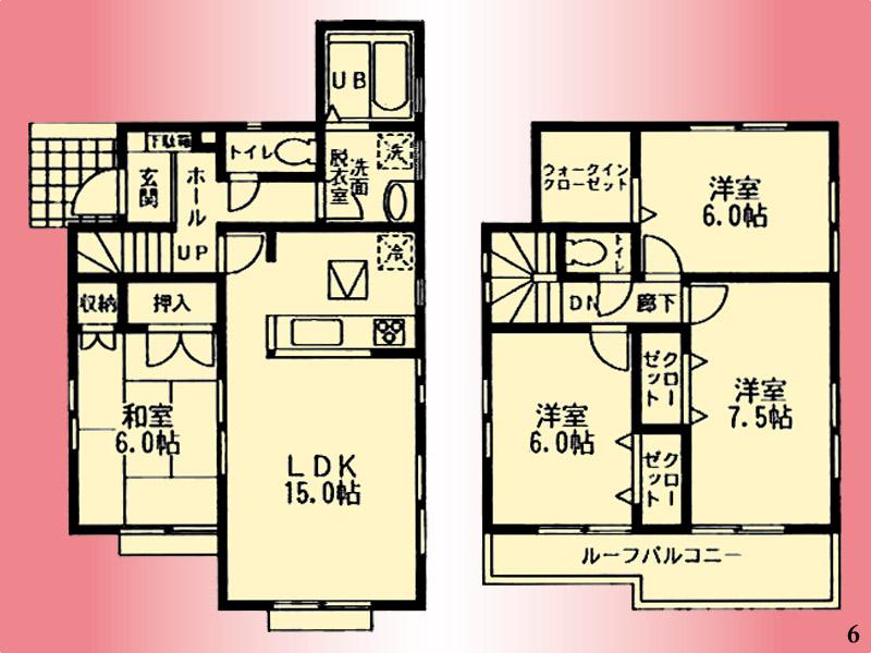 Floor plan. (6 Building), Price 22,800,000 yen, 4LDK, Land area 120.28 sq m , Building area 97.7 sq m