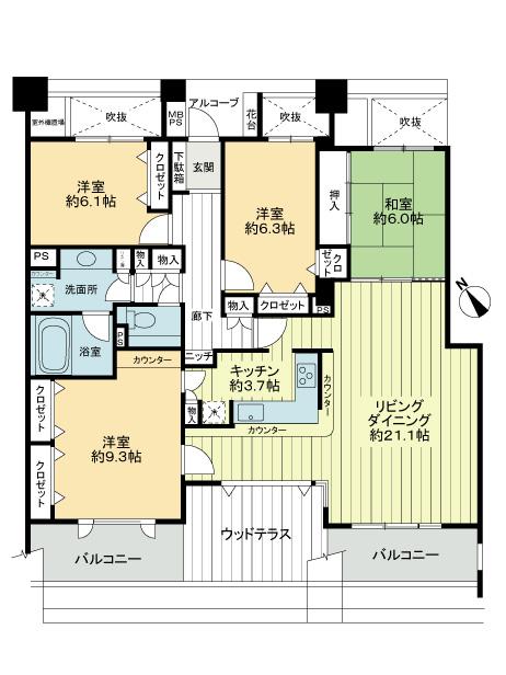 Floor plan. 3LDK, Price 30,800,000 yen, Footprint 117.72 sq m , Balcony area 13.19 sq m
