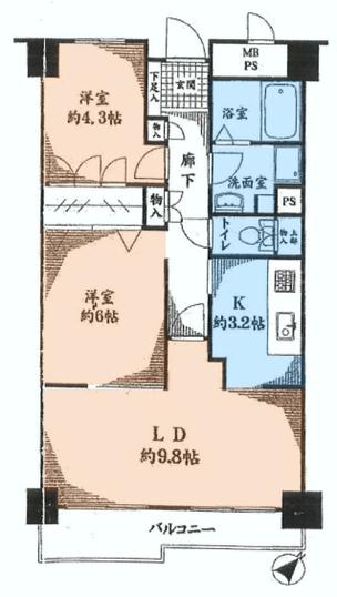 Floor plan. 2LDK, Price 13.8 million yen, Occupied area 56.56 sq m , Balcony area 6.3 sq m