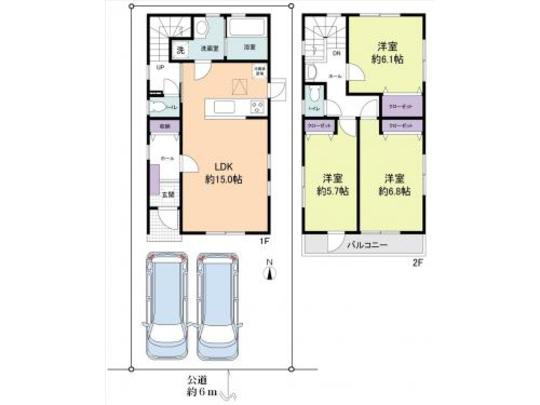 Floor plan. 1st floor: LDK about 15.0 Pledge Second floor: Western-style about 6.8 Pledge ・ Western-style about 6.1 Pledge ・ Western-style about 5.7 Pledge