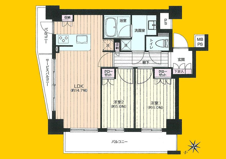 Floor plan. 2LDK, Price 30,800,000 yen, Occupied area 60.14 sq m , Balcony area 16.04 sq m